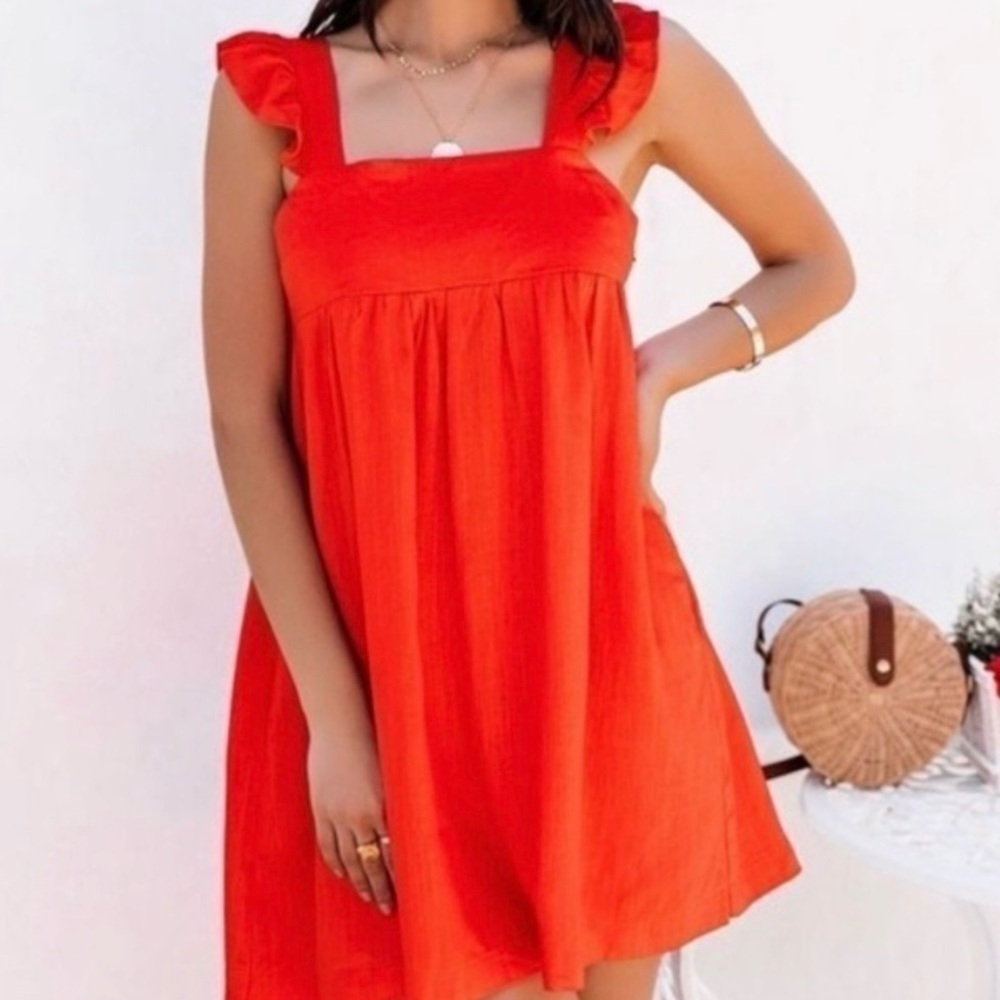 LoveRiche Orange Babydoll Dress Size L Ruffle Strap Sleeveless Mini Dress Boho